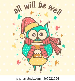 beautiful owl with a cup on a light background with hearts