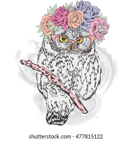 Beautiful Owl in a flower wreath. Vector illustration for greeting card, poster, or print on clothes. Fashion & Style.