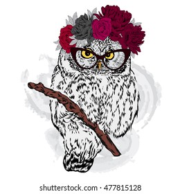 Beautiful Owl in a flower wreath. Vector illustration for greeting card, poster, or print on clothes. Fashion & Style.