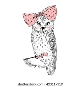 beautiful owl girl with mascara, hand drawn graphic, animal illustration