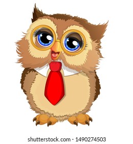 Beautiful owl with a golden glasses and a red print tie. Owl in a red tie. Cartoon vector illustration isolated on white background. Vector illustration for your design. 