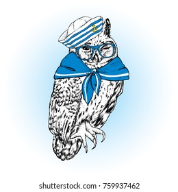 Beautiful owl in sailor clothes. Vector illustration. Bird in clothes and accessories. A sailor in a cap and tie.