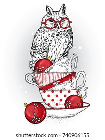 A beautiful owl sits on vintage cups. Vector illustration for a postcard or a poster. New Year's and Christmas. Winter holidays.