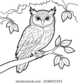 A beautiful owl sitting brunch coloring page 