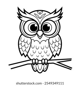 A beautiful owl smiling and sit in the tree brunch, colouring page