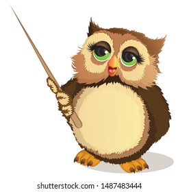 Beautiful owl teacher with a wooden pointer .Cartoon vector illustration isolated on white background. Vector illustration for your design. 