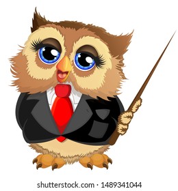 Beautiful owl teacher with a wooden pointer and , red tie and beautiful black suit. Cartoon vector illustration isolated on white background. Vector illustration for your design. 