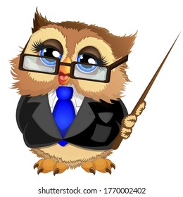 Beautiful owl teacher with a wooden pointer and  glasses. Cartoon vector illustration isolated on white background. Vector illustration for your design.