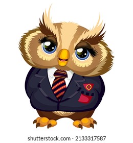 Beautiful owl with tie and dark blue suit. Cartoon vector illustration isolated on white background. Vector illustration for your design.  