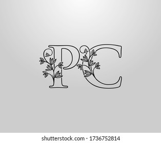 Beautiful P, C and PC Letter logo. Graceful Floral Flower Alphabet Mark for book design, letter stamp, weeding card, brand name, Restaurant, Boutique, Hotel. 
