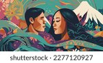 A beautiful pacific islandic girl and asian man on background waves in tropical colors and asian patterns, banner for Asian American and Pacific Islander Heritage Month

