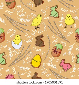 Beautiful packaging paper on the theme of the Easter holiday. Chicken, gingerbread and cookies in the shape of a rabbit and eggs, willow branches. Vector background.