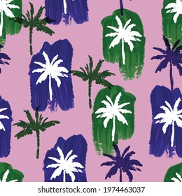 Beautiful paint brushed palm tree with artistic hand drawn navy blue and green seamless pattern vector,Design for fashion , fabric, textile, wallpaper,wrapping and all prints on light purple 
