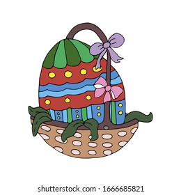 Hermoso huevo pintado de Pascua en una cesta de mimbre con arcos y hojas. vector dibujado a mano. Ilustración aislada en fondo blanco.