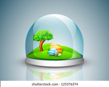 Beautiful painted Easter Eggs and nature background in glass gift. EPS 10