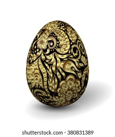 Beautiful painted gold black easter egg on white background. 3D effect, shadow. Golden ornate floral pattern on black egg.