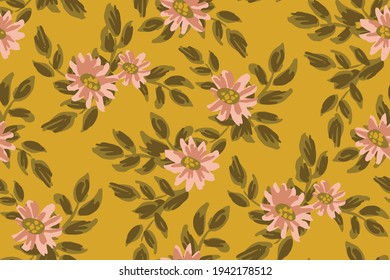 Beautiful painted pink flowers with olive green leaves and yellow background. Organic growing floral seamless vector pattern. Great for home decor, fabric, wallpaper, gift-wrap, stationery, etc.