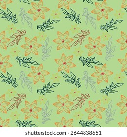 Beautiful painted pink flowers with olive green leaves and yellow background. Organic growing floral seamless vector pattern. Great for home decor, fabric, wallpaper, gift-wrap, stationery, etc