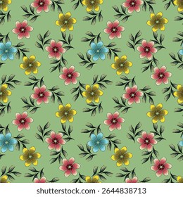 Beautiful painted pink flowers with olive green leaves and yellow background. Organic growing floral seamless vector pattern. Great for home decor, fabric, wallpaper, gift-wrap, stationery, etc
