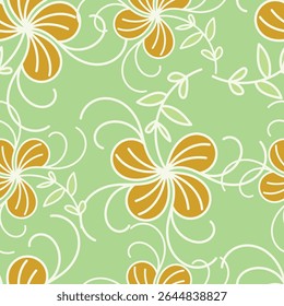 Beautiful painted pink flowers with olive green leaves and yellow background. Organic growing floral seamless vector pattern. Great for home decor, fabric, wallpaper, gift-wrap, stationery, etc