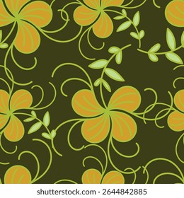 Beautiful painted pink flowers with olive green leaves and yellow background. Organic growing floral seamless vector pattern. Great for home decor, fabric, wallpaper, gift-wrap, stationery, etc