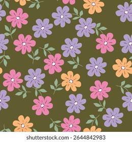 Belas flores pintadas de rosa com folhas verde-oliva e fundo amarelo. Orgânico crescente floral padrão vetor sem emenda. Ótimo para decoração, tecido, papel de parede, papel de parede, papel de carta, etc