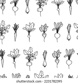 Beautiful painted seasonal root crops. Pattern of carrots, radishes, beets, onions and turnips. Monochrome print of vegetables. Summer harvest. Veggi soup