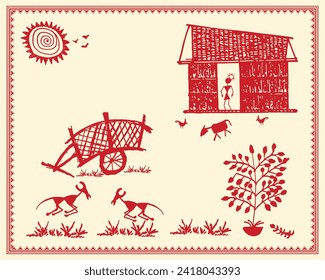 A beautiful painting by Warli showing an outdoor area and a bullock cart. Warli Painting Outdoor Scene, Rural Life Illustration, Traditional Indian Village Art.