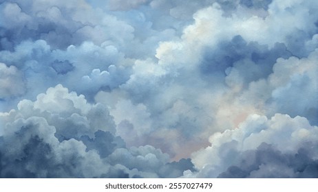 A beautiful painting of a cloudy sky with a few white clouds. The sky is a deep blue color, and the clouds are scattered throughout the sky, creating a sense of depth and movement