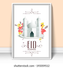 Beautiful painting of a mosque on colorful abstract background for celebration of Muslim community festival Eid Mubarak.