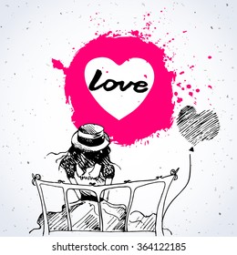 Beautiful painting pink heart, sketch art of black and pink hand drawn element and  isolated. Text Love. Card for Valentine's Day. Vector illustration.