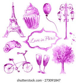 beautiful painting, sketch art - romantic set of pink hand drawn elements and objects isolated on white background. Fashion print for love card in french style - vector illustration
