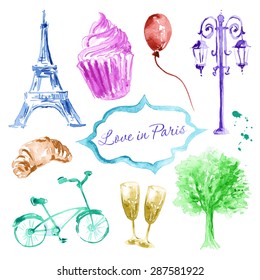 beautiful painting, sketch art - romantic set of colorful hand drawn elements and objects isolated on white background. Fashion print for love card in French style - vector illustration