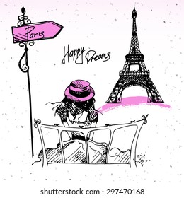 Beautiful painting, sketch art - romantic set of black and pink hand drawn element and  isolated. Romantic girl. Fashion print of card in french style - vector illustration.