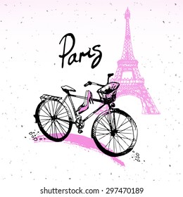 Beautiful painting, sketch art - romantic set of black and pink hand drawn element and  isolated, with Eiffel tower and bicycle. Fashion print of card in french style - vector illustration.