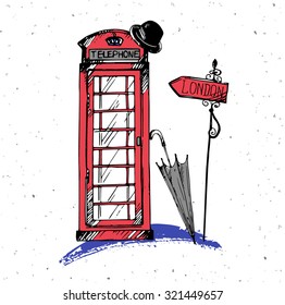 Beautiful painting, sketch art - set of black, red and grey, hand drawn London style, vector illustration.