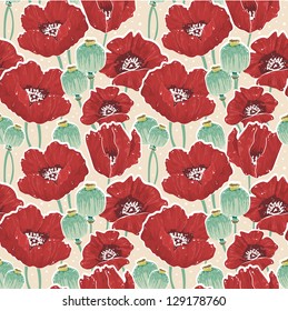 Beautiful painting spring floral seamless pattern with poppy, seed capsules, dots and line art