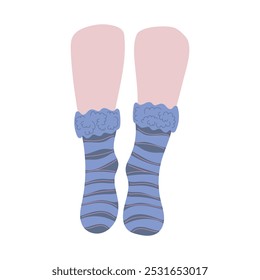 Beautiful pair of blue striped socks with fluffy top on female white skin legs on white background. Hand drawn vector illustration in flat style. Textile, clothes brand children, woman, winter season