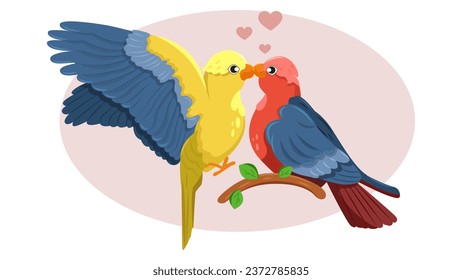 Beautiful pair of parrots in love in cartoon style. Vector illustration with a yellow parrot kissing a red parrot sitting on a branch with green leaves and hearts isolated on a white background.