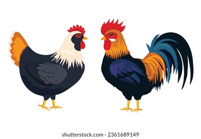 Beautiful pair of rooster and hen isolated on white, vector illustration