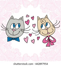 Beautiful pairs of cats, love, heart, romantic background. Valentines day card. Vector illustration.