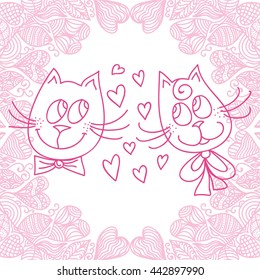 Beautiful pairs of cats, love, heart, romantic background. Valentines day card. Vector illustration.