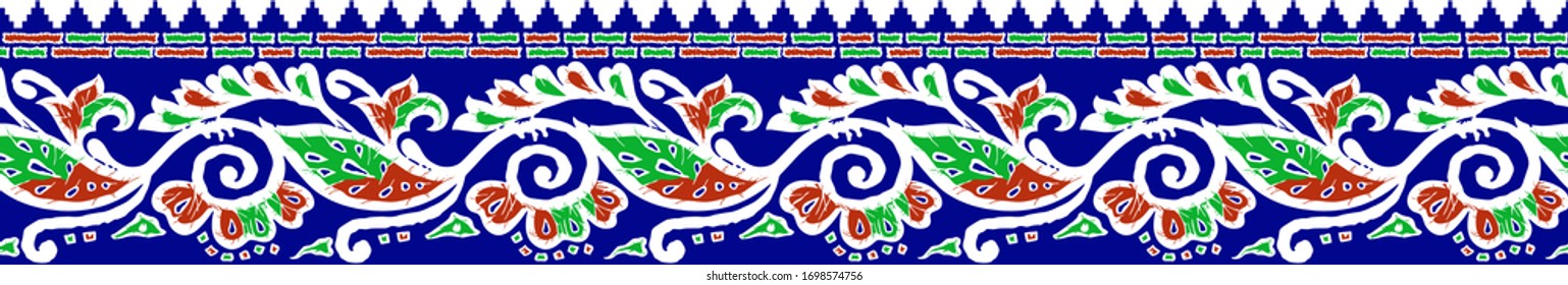 Hermoso patrón de borde paisley con efecto ikat y fondo naval