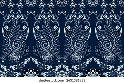 Lindo paisley lite azul cor ponto e padrão de linha. Ilustração vetorial floral e folha no fundo azul-marinho.