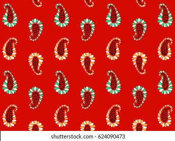 Beautiful paisley pattern on red background. This attractive and colorful pattern can be used for wallpaper, greeting cards, backgrounds, print material, gift wrapping, wedding stationary, etc.
