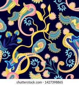 Beautiful paisley print. Seamless vector pattern with different floral elements inspired by Indian art. Oriental textile collection. On black background.