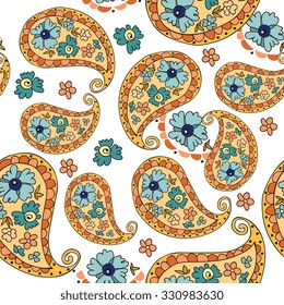Beautiful paisley seamless pattern with flowers. Decorative ornament background can be used for wallpapers, textiles, fabrics, textures, wrapping paper, card, invitation. Vector illustration. 