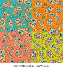 Beautiful paisley seamless pattern with flowers on different colorful backgrounds. Vector illustration.