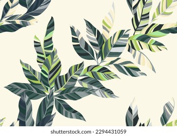 Beautiful palm foliage seamless pattern design. Trendy floral spring dress cloth print. Paradise bush branch leaves endless pattern. Exotic flora elements.