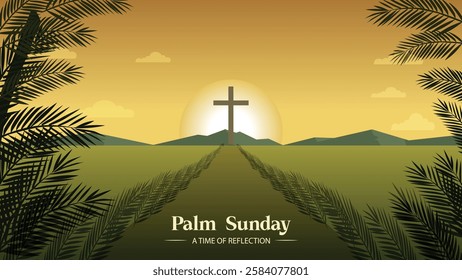 A beautiful Palm Sunday depiction with a cross bathed in sunlight, symbolizing the path to new beginnings. The palm fronds on either side add a sense of peace and spirituality, 